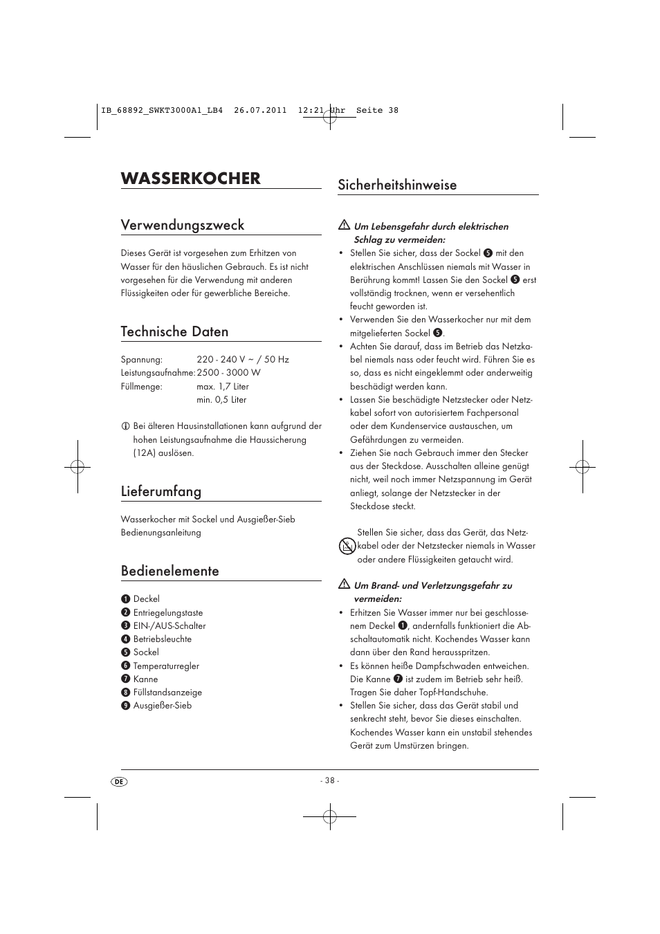 Wasserkocher, Verwendungszweck, Technische daten | Lieferumfang, Bedienelemente, Sicherheitshinweise | Silvercrest SWKT 3000 A1 User Manual | Page 40 / 44