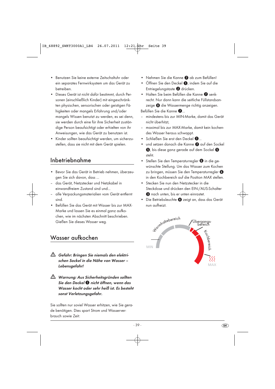 Inbetriebnahme, Wasser aufkochen | Silvercrest SWKT 3000 A1 User Manual | Page 41 / 44