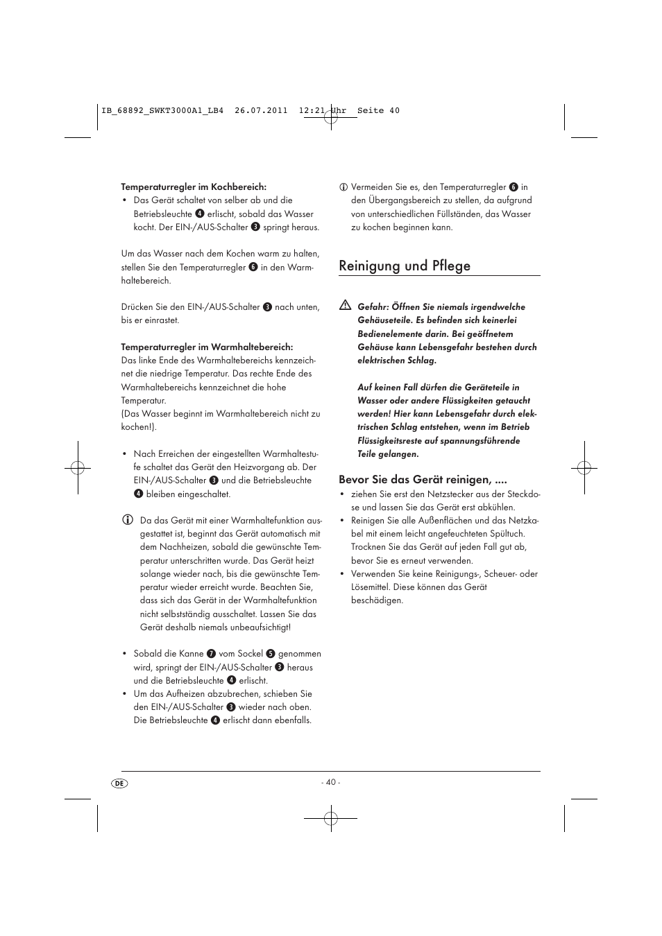 Reinigung und pflege, Bevor sie das gerät reinigen | Silvercrest SWKT 3000 A1 User Manual | Page 42 / 44