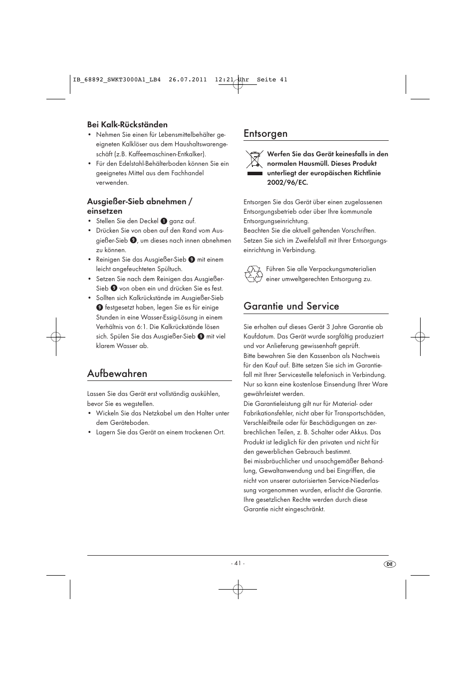 Aufbewahren, Entsorgen, Garantie und service | Silvercrest SWKT 3000 A1 User Manual | Page 43 / 44