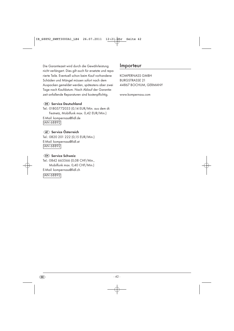 Importeur | Silvercrest SWKT 3000 A1 User Manual | Page 44 / 44