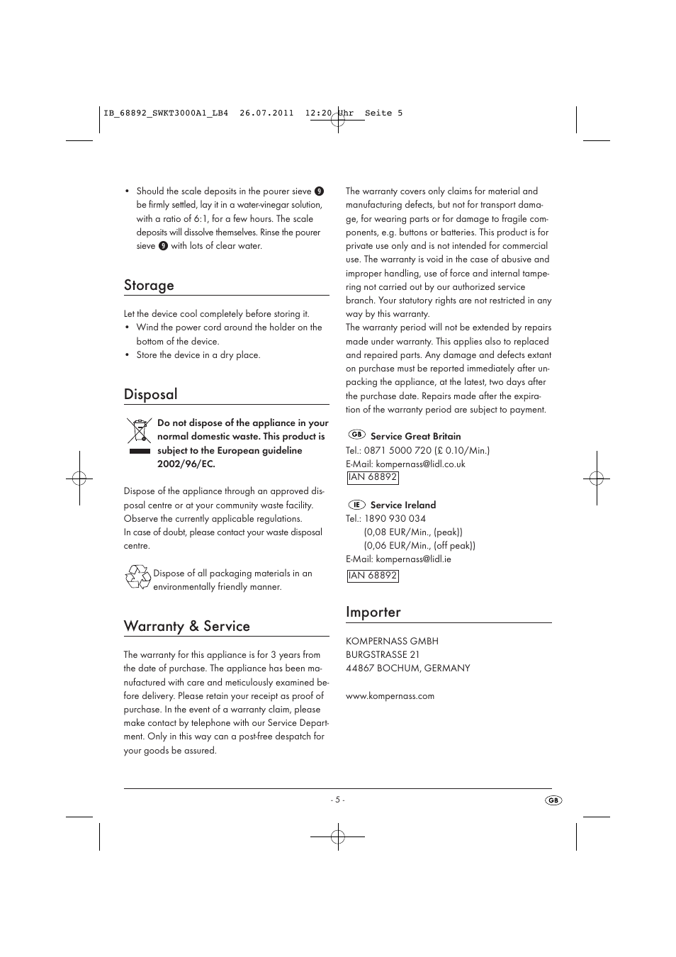 Storage, Disposal, Warranty & service | Importer | Silvercrest SWKT 3000 A1 User Manual | Page 7 / 44