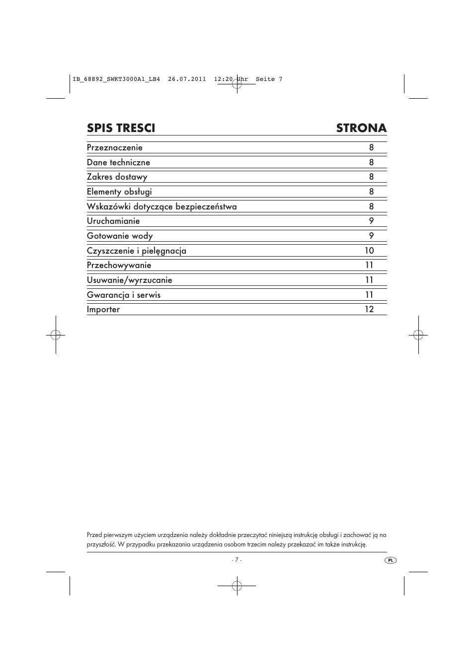 Spis tresci strona | Silvercrest SWKT 3000 A1 User Manual | Page 9 / 44