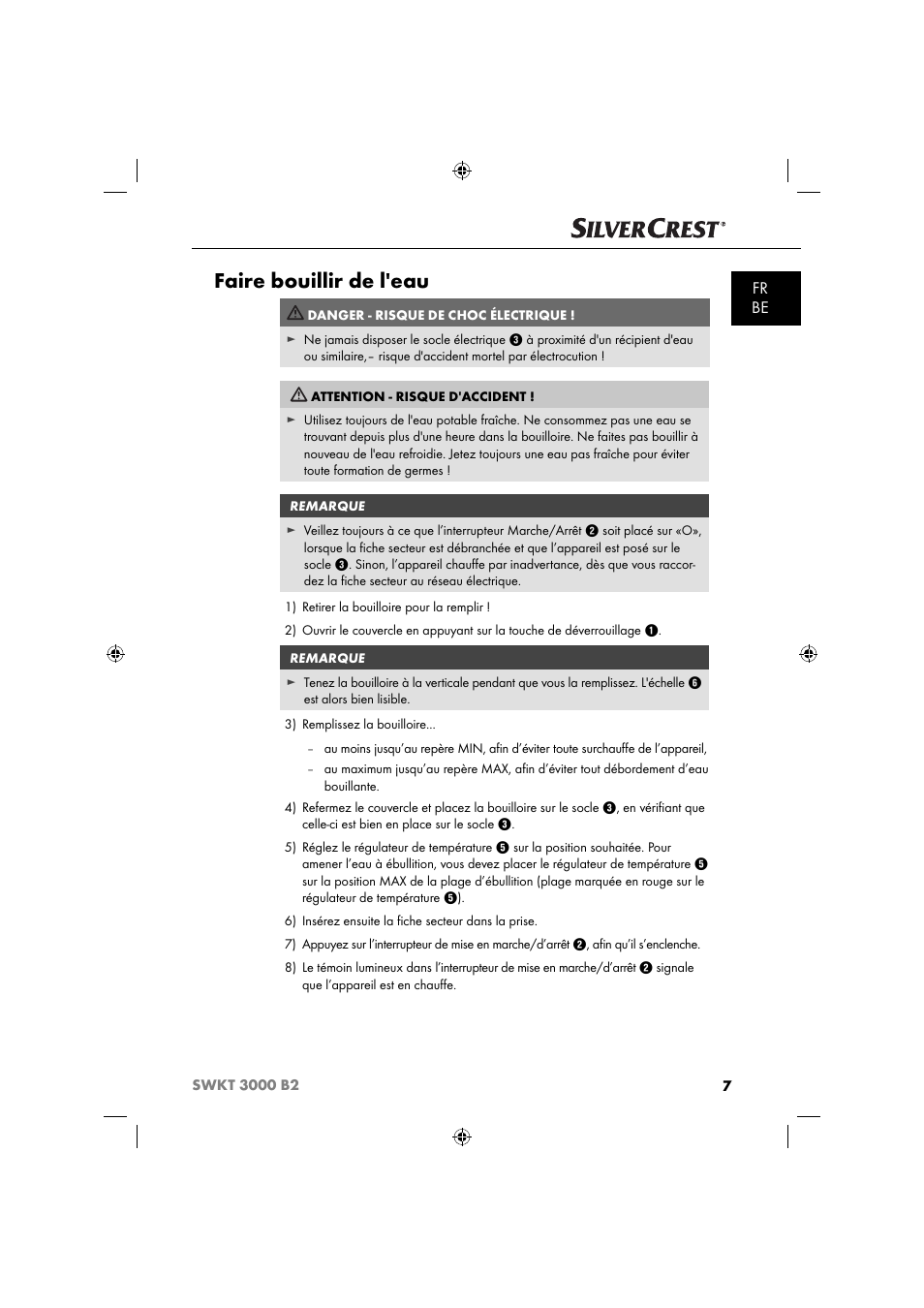 Faire bouillir de l'eau, Fr be | Silvercrest SWKT 3000 B2 User Manual | Page 10 / 52