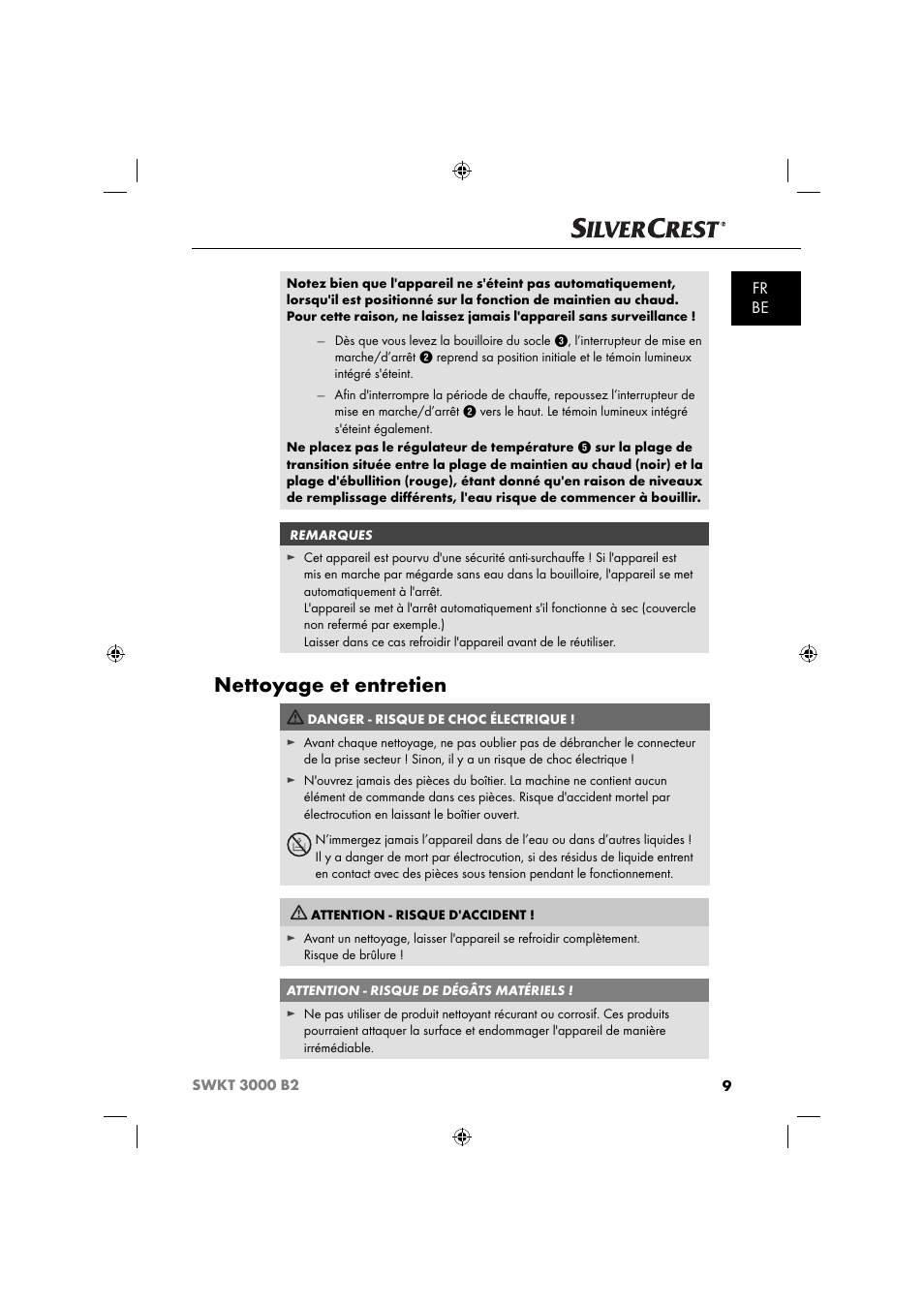 Nettoyage et entretien, Fr be | Silvercrest SWKT 3000 B2 User Manual | Page 12 / 52