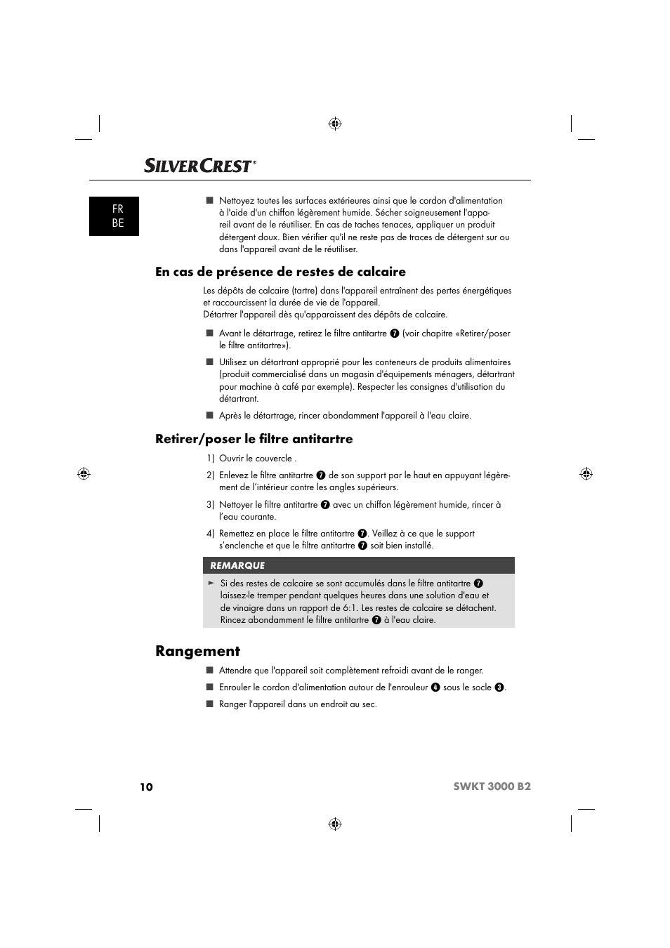 Rangement, En cas de présence de restes de calcaire, Retirer/poser le ﬁ ltre antitartre | Fr be | Silvercrest SWKT 3000 B2 User Manual | Page 13 / 52