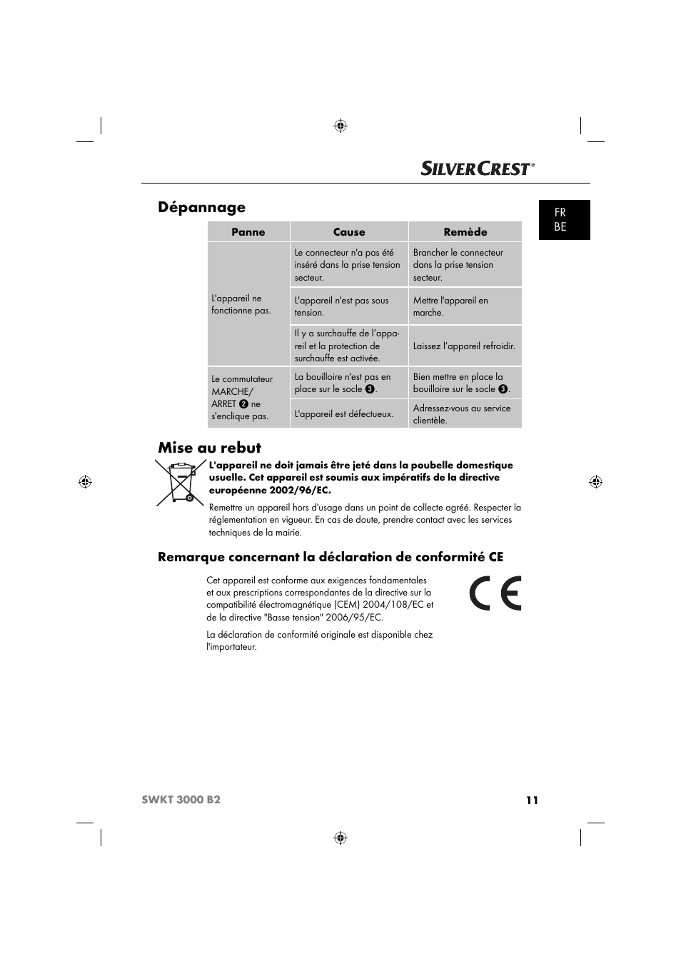 Dépannage, Mise au rebut, Fr be | Silvercrest SWKT 3000 B2 User Manual | Page 14 / 52