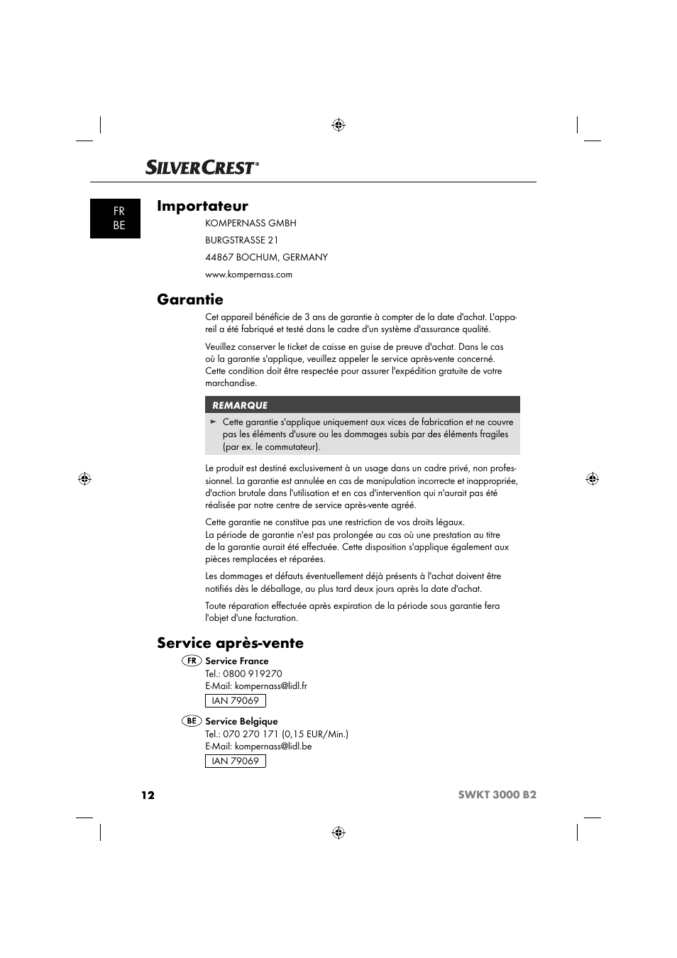 Importateur, Garantie, Service après-vente | Fr be | Silvercrest SWKT 3000 B2 User Manual | Page 15 / 52