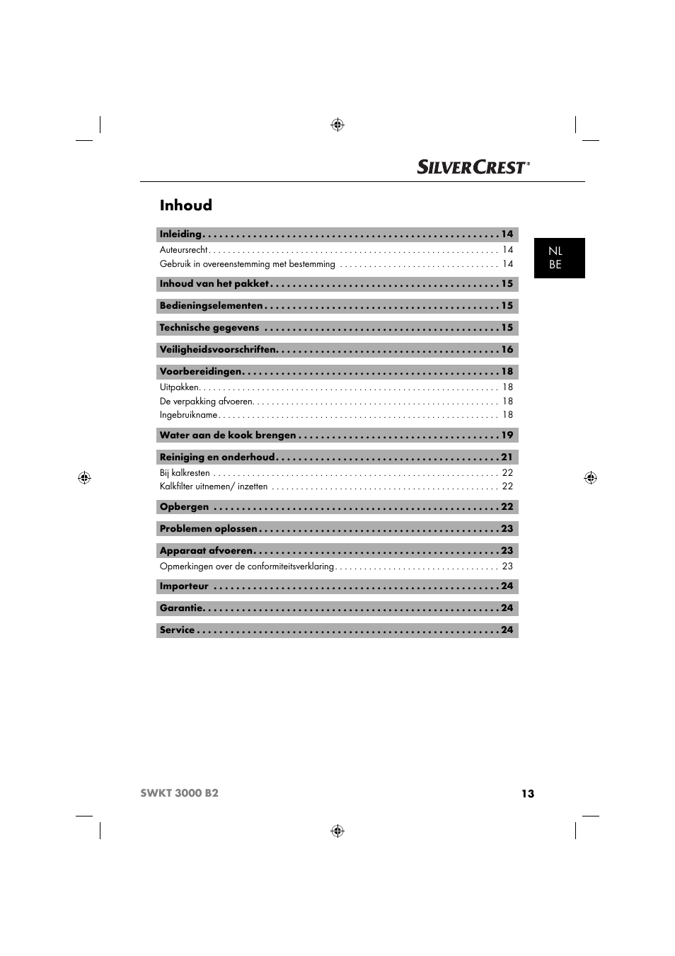 Inhoud, Nl be | Silvercrest SWKT 3000 B2 User Manual | Page 16 / 52