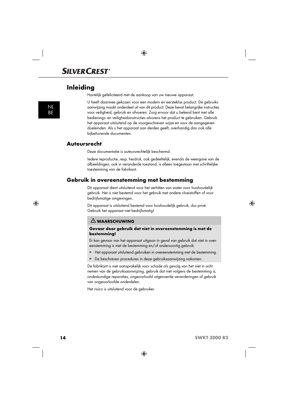 Inleiding, Auteursrecht, Gebruik in overeenstemming met bestemming | Nl be | Silvercrest SWKT 3000 B2 User Manual | Page 17 / 52