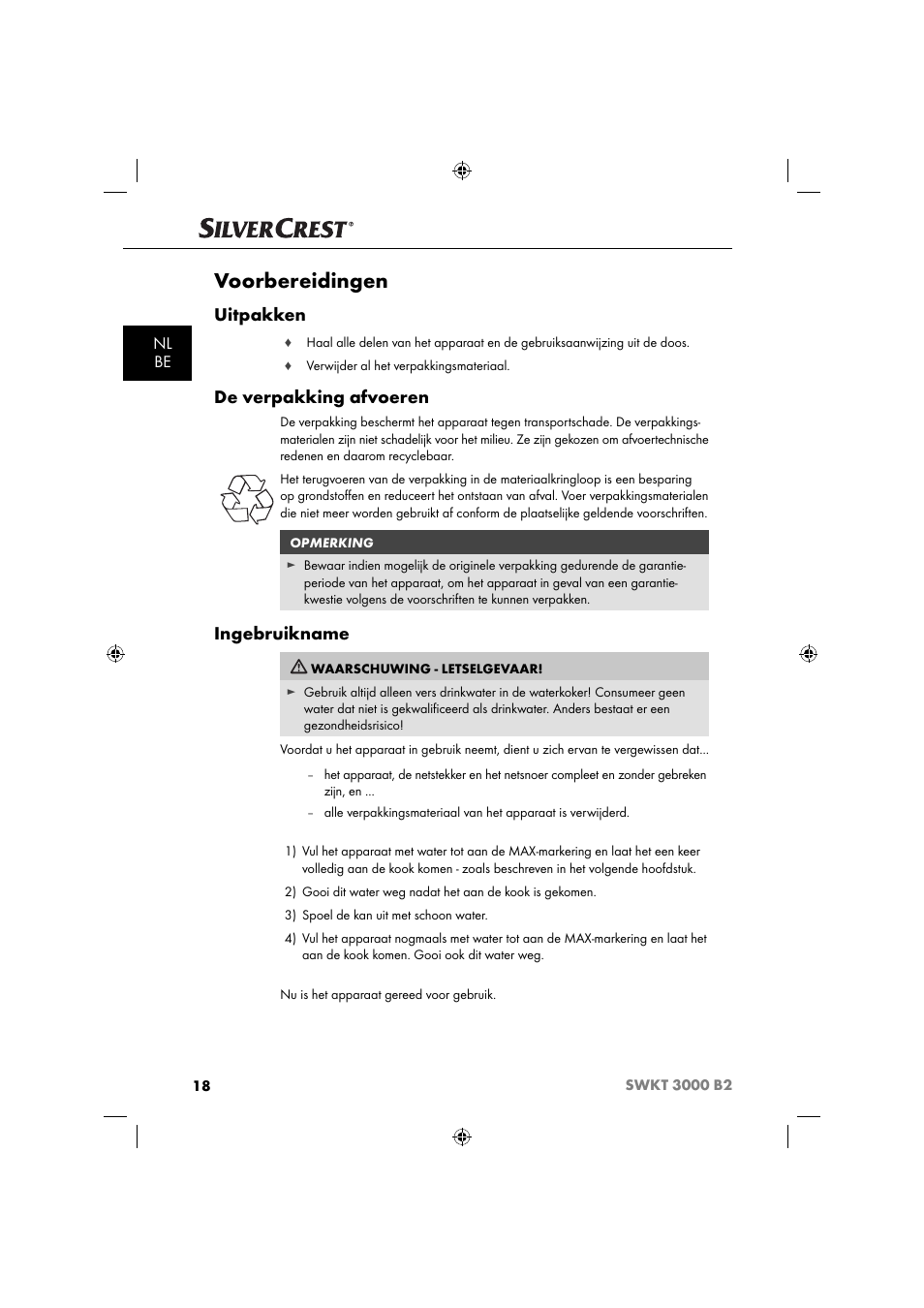 Voorbereidingen, Uitpakken, De verpakking afvoeren | Ingebruikname, Nl be | Silvercrest SWKT 3000 B2 User Manual | Page 21 / 52