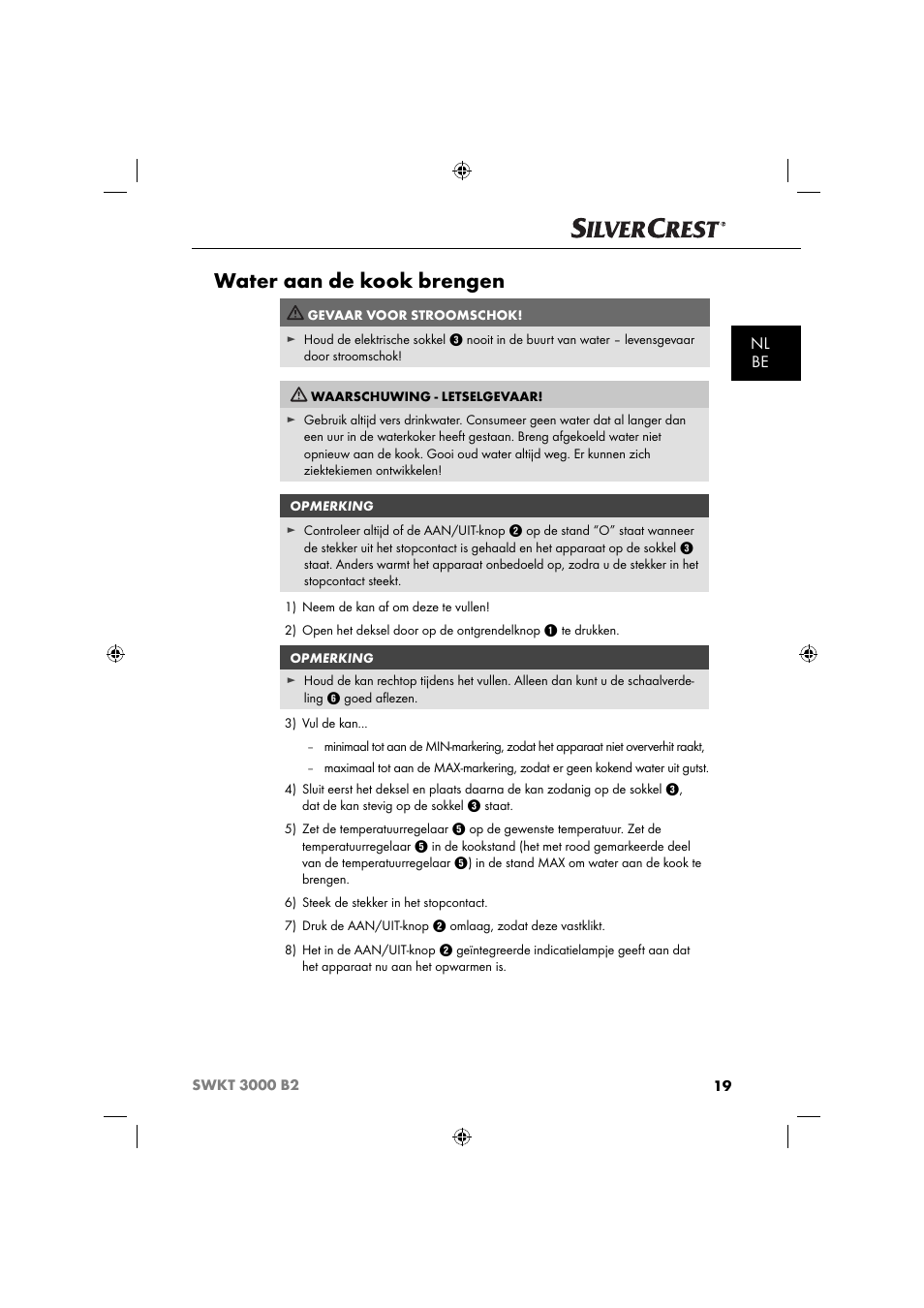 Water aan de kook brengen, Nl be | Silvercrest SWKT 3000 B2 User Manual | Page 22 / 52