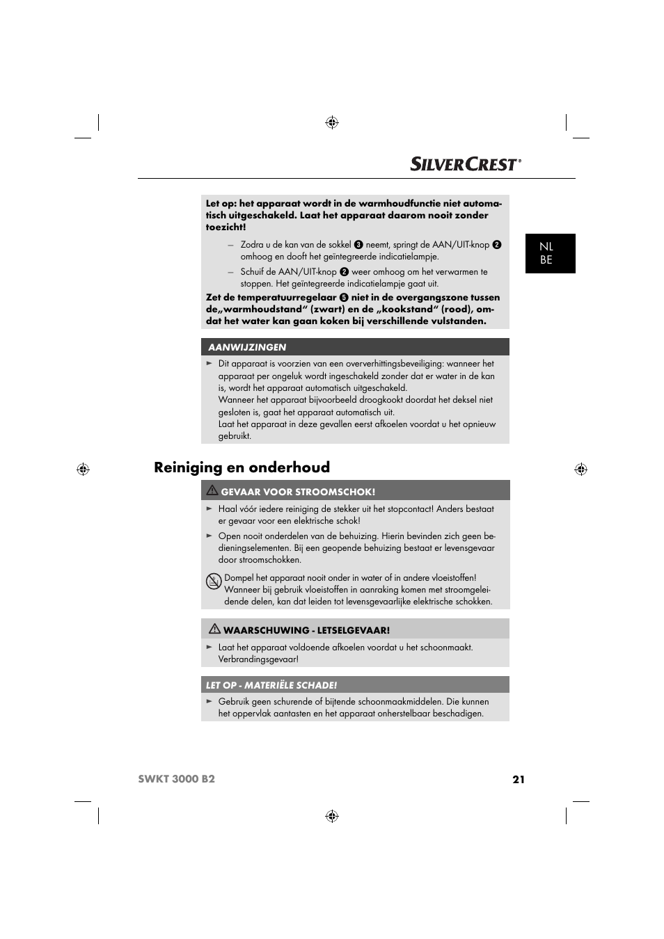 Reiniging en onderhoud, Nl be | Silvercrest SWKT 3000 B2 User Manual | Page 24 / 52