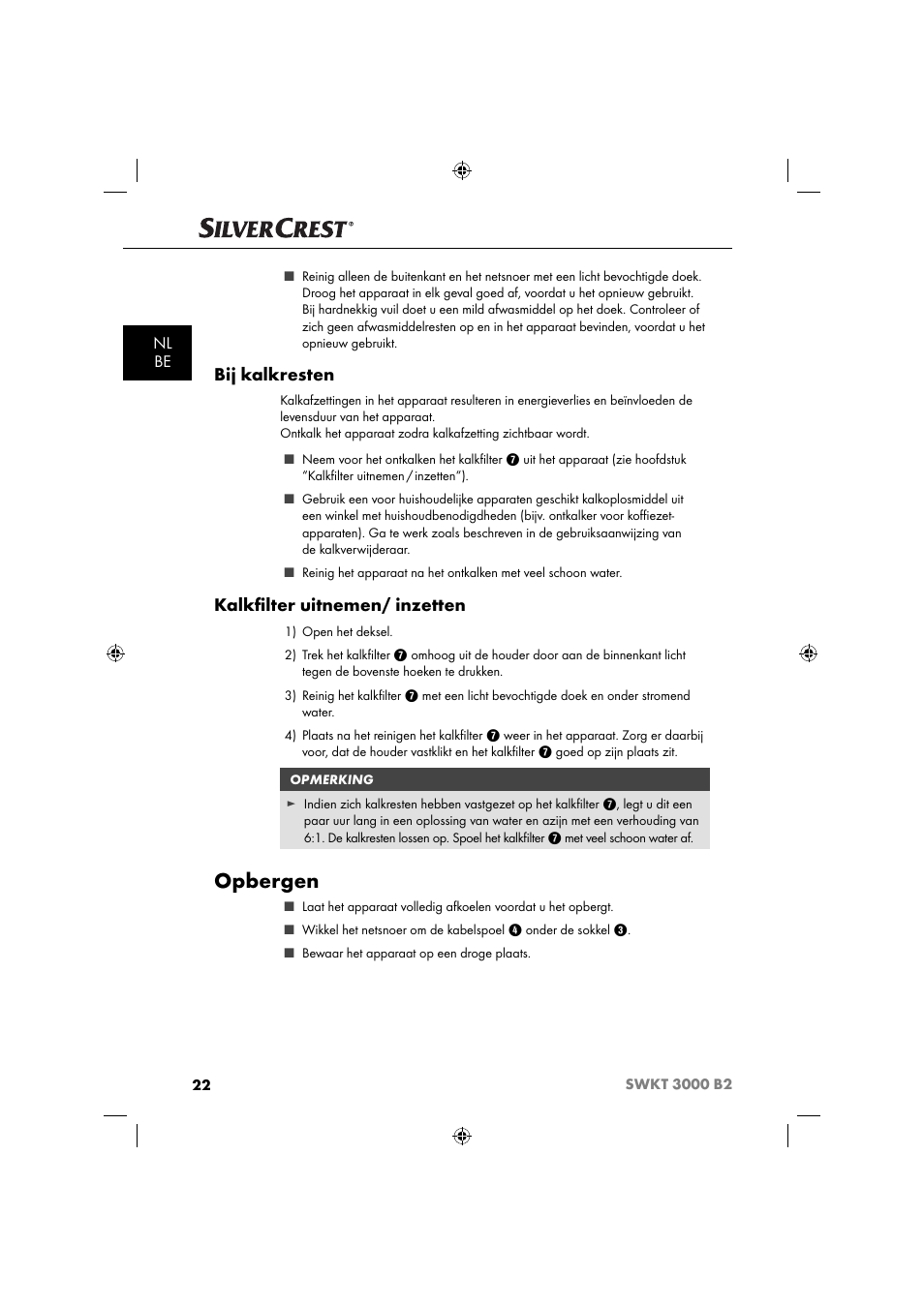 Opbergen, Bij kalkresten, Kalkﬁ lter uitnemen/ inzetten | Nl be | Silvercrest SWKT 3000 B2 User Manual | Page 25 / 52