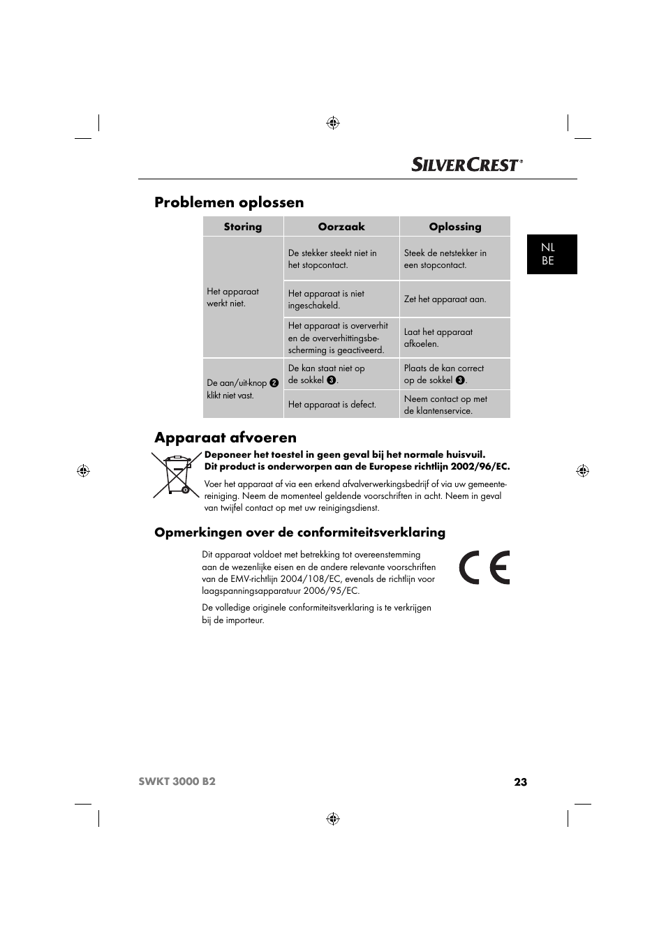 Problemen oplossen, Apparaat afvoeren, Opmerkingen over de conformiteitsverklaring | Nl be | Silvercrest SWKT 3000 B2 User Manual | Page 26 / 52