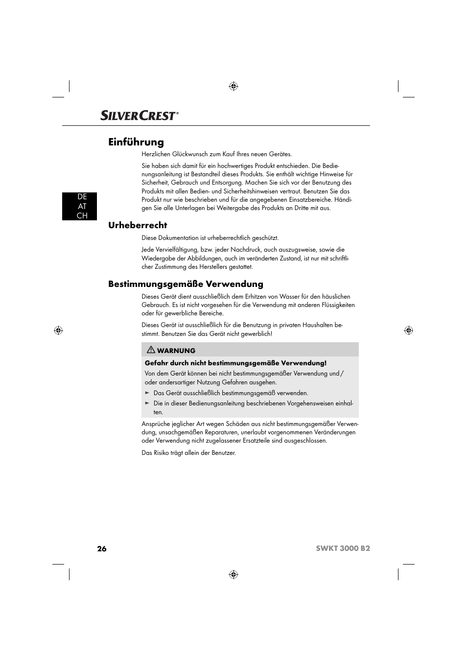 Einführung, Urheberrecht, Bestimmungsgemäße verwendung | De at ch | Silvercrest SWKT 3000 B2 User Manual | Page 29 / 52