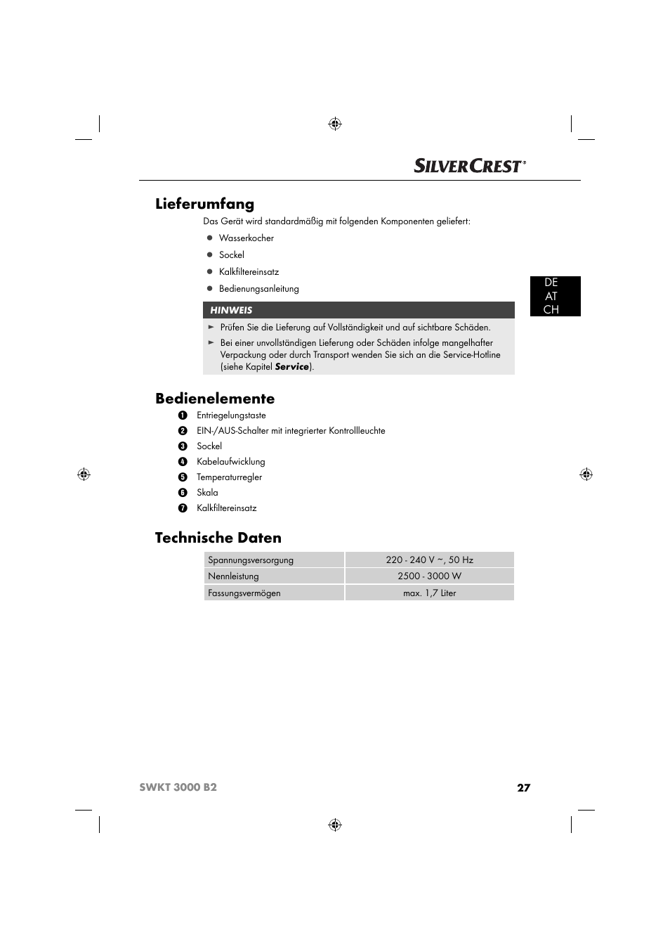 Lieferumfang, Bedienelemente, Technische daten | De at ch | Silvercrest SWKT 3000 B2 User Manual | Page 30 / 52