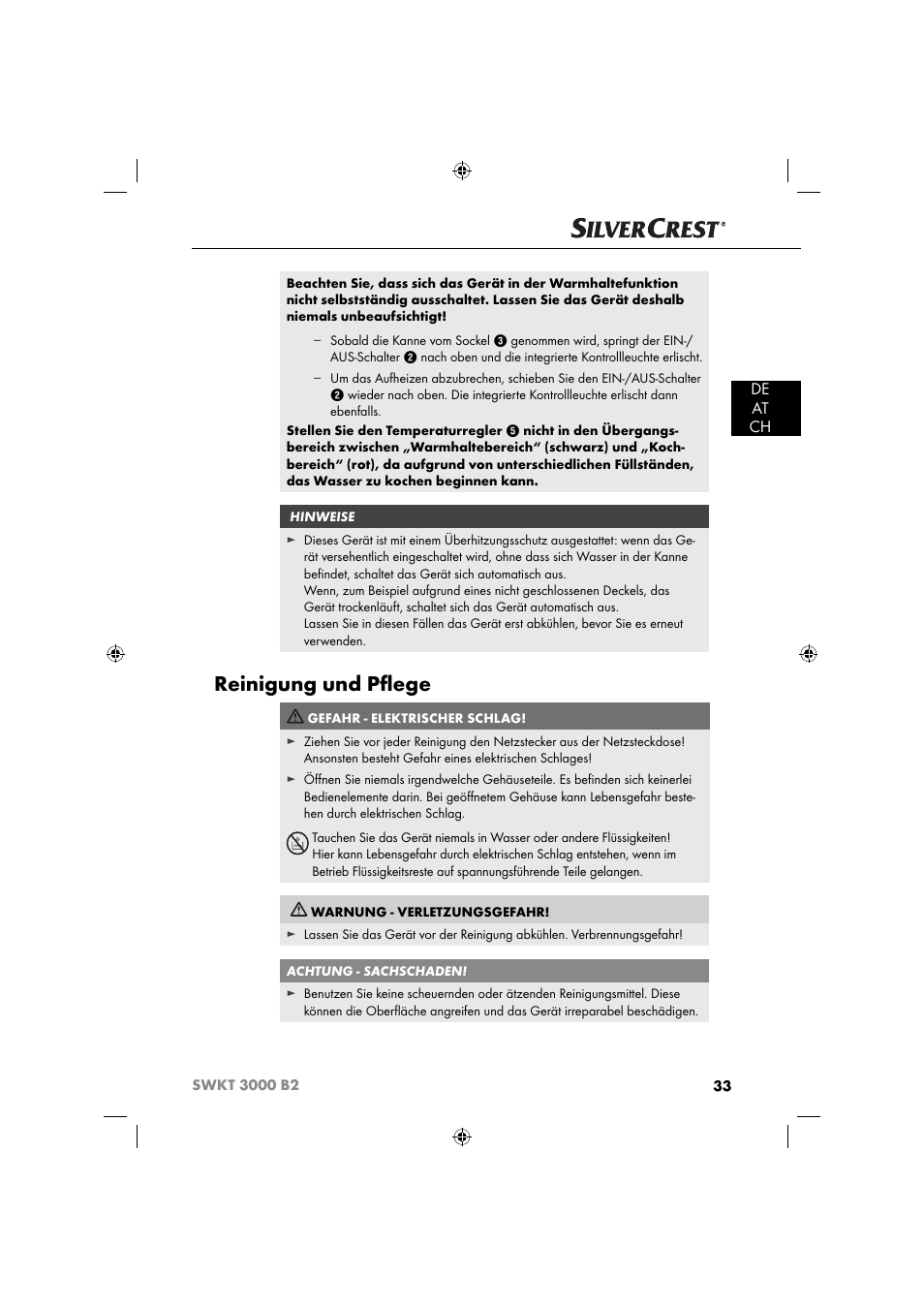 Reinigung und pﬂ ege, De at ch | Silvercrest SWKT 3000 B2 User Manual | Page 36 / 52