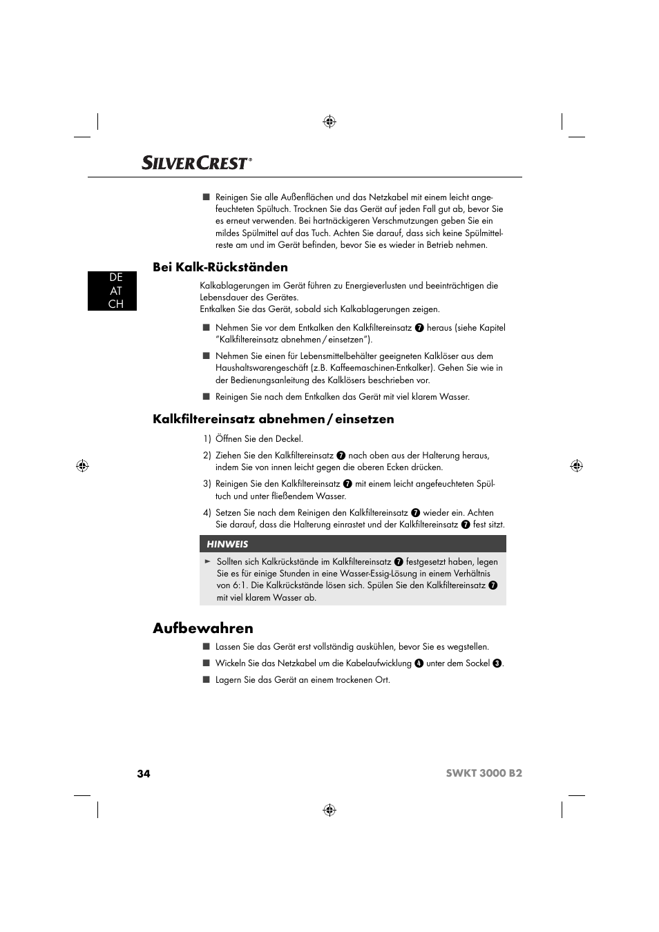 Aufbewahren, Bei kalk-rückständen, Kalkﬁ ltereinsatz abnehmen / einsetzen | De at ch | Silvercrest SWKT 3000 B2 User Manual | Page 37 / 52