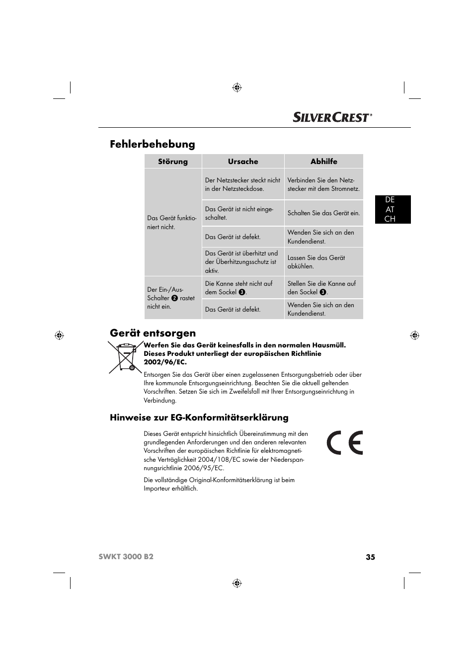 Fehlerbehebung, Gerät entsorgen, Hinweise zur eg-konformitätserklärung | De at ch | Silvercrest SWKT 3000 B2 User Manual | Page 38 / 52