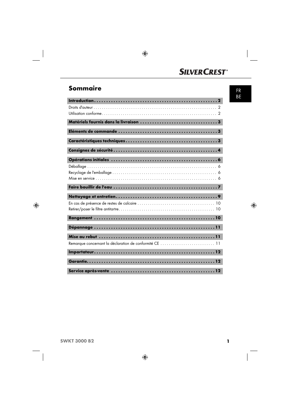 Sommaire, Fr be | Silvercrest SWKT 3000 B2 User Manual | Page 4 / 52