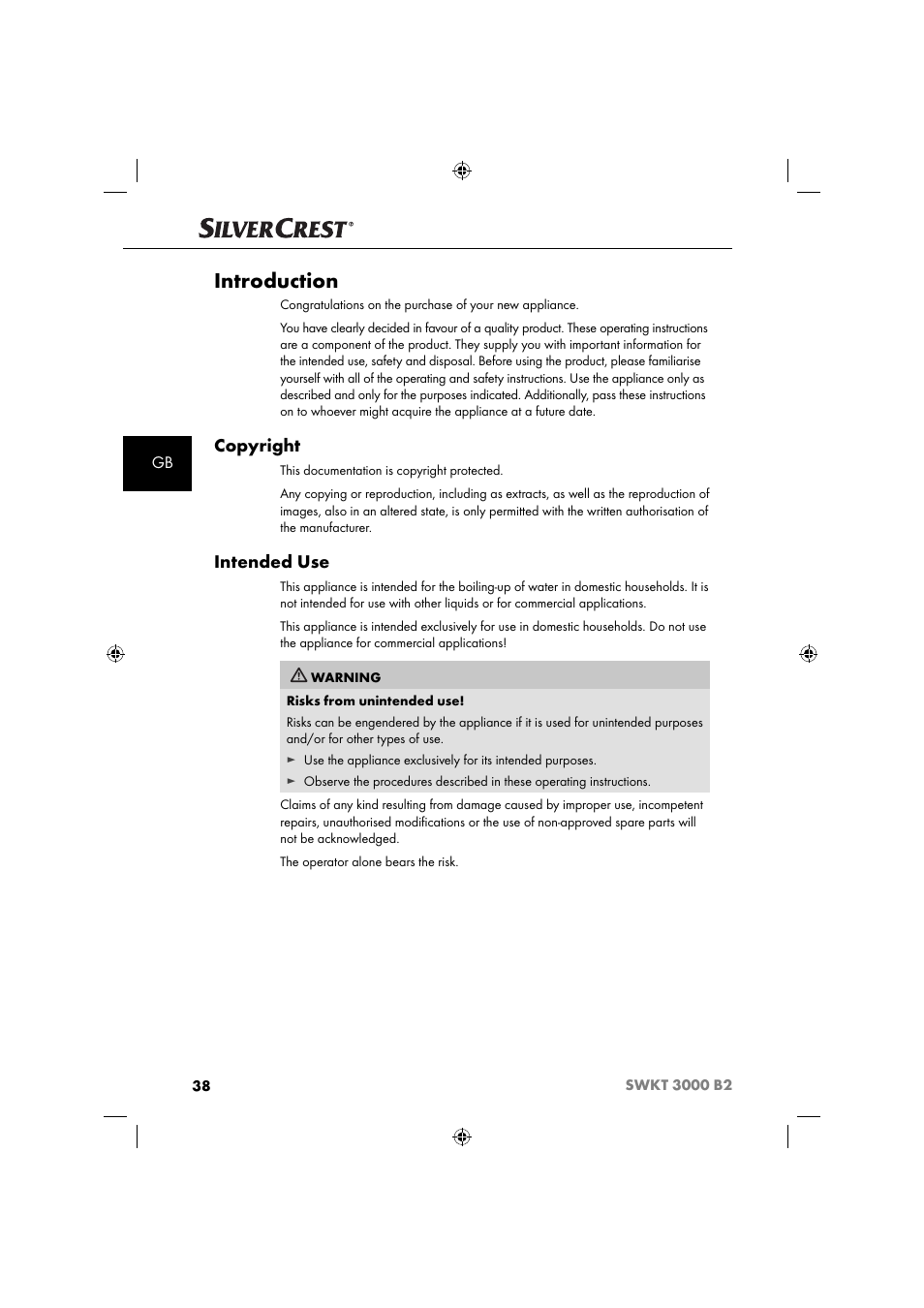 Introduction, Copyright, Intended use | Silvercrest SWKT 3000 B2 User Manual | Page 41 / 52