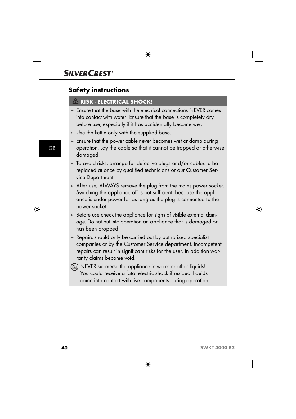 Safety instructions, Risk - electrical shock, Use the kettle only with the supplied base | Silvercrest SWKT 3000 B2 User Manual | Page 43 / 52