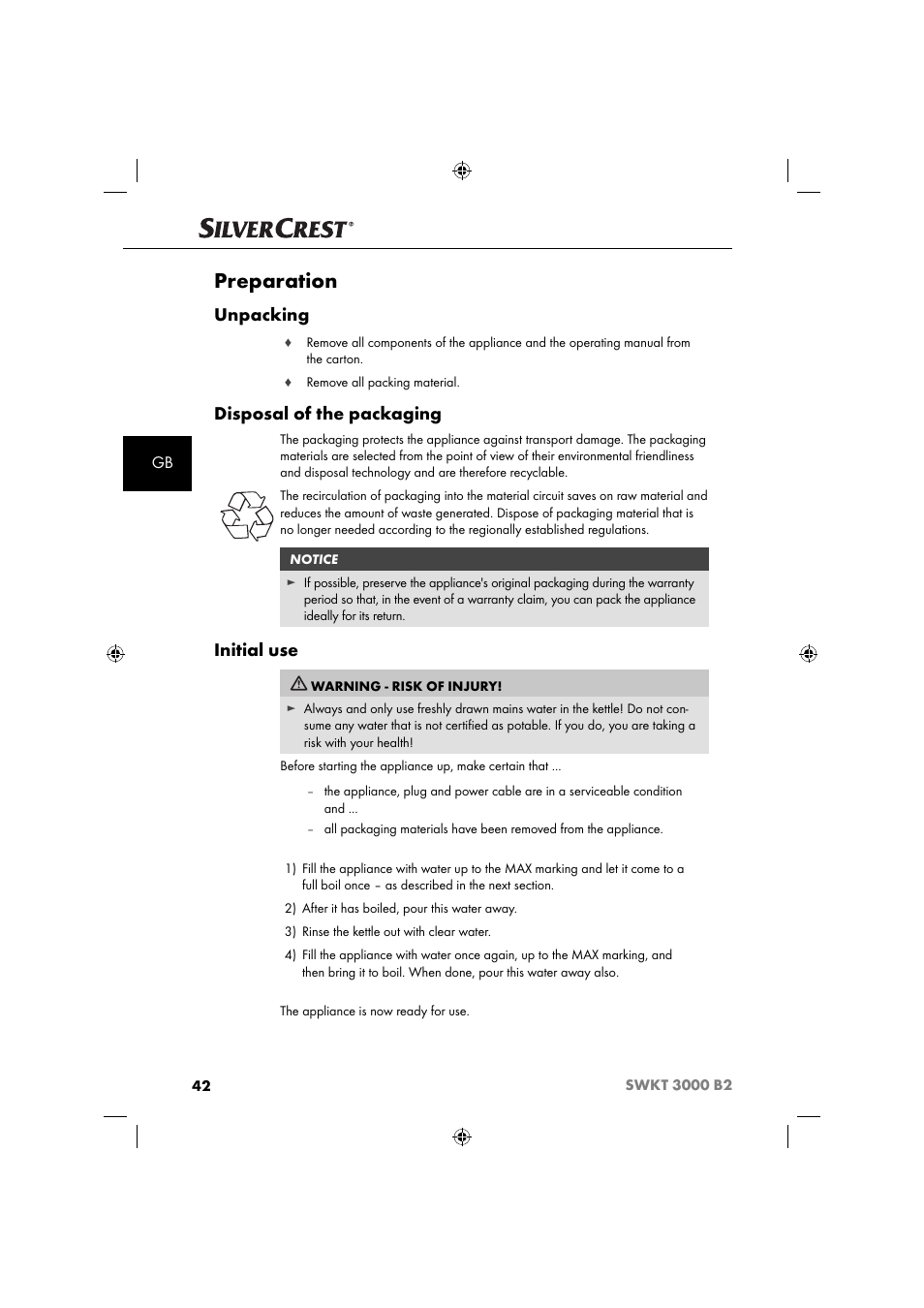 Preparation, Unpacking, Disposal of the packaging | Initial use | Silvercrest SWKT 3000 B2 User Manual | Page 45 / 52