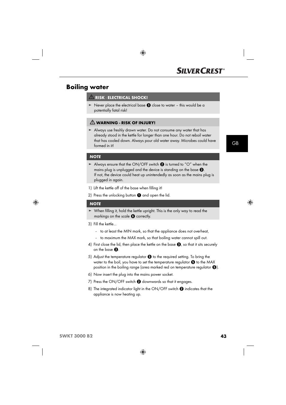 Boiling water | Silvercrest SWKT 3000 B2 User Manual | Page 46 / 52