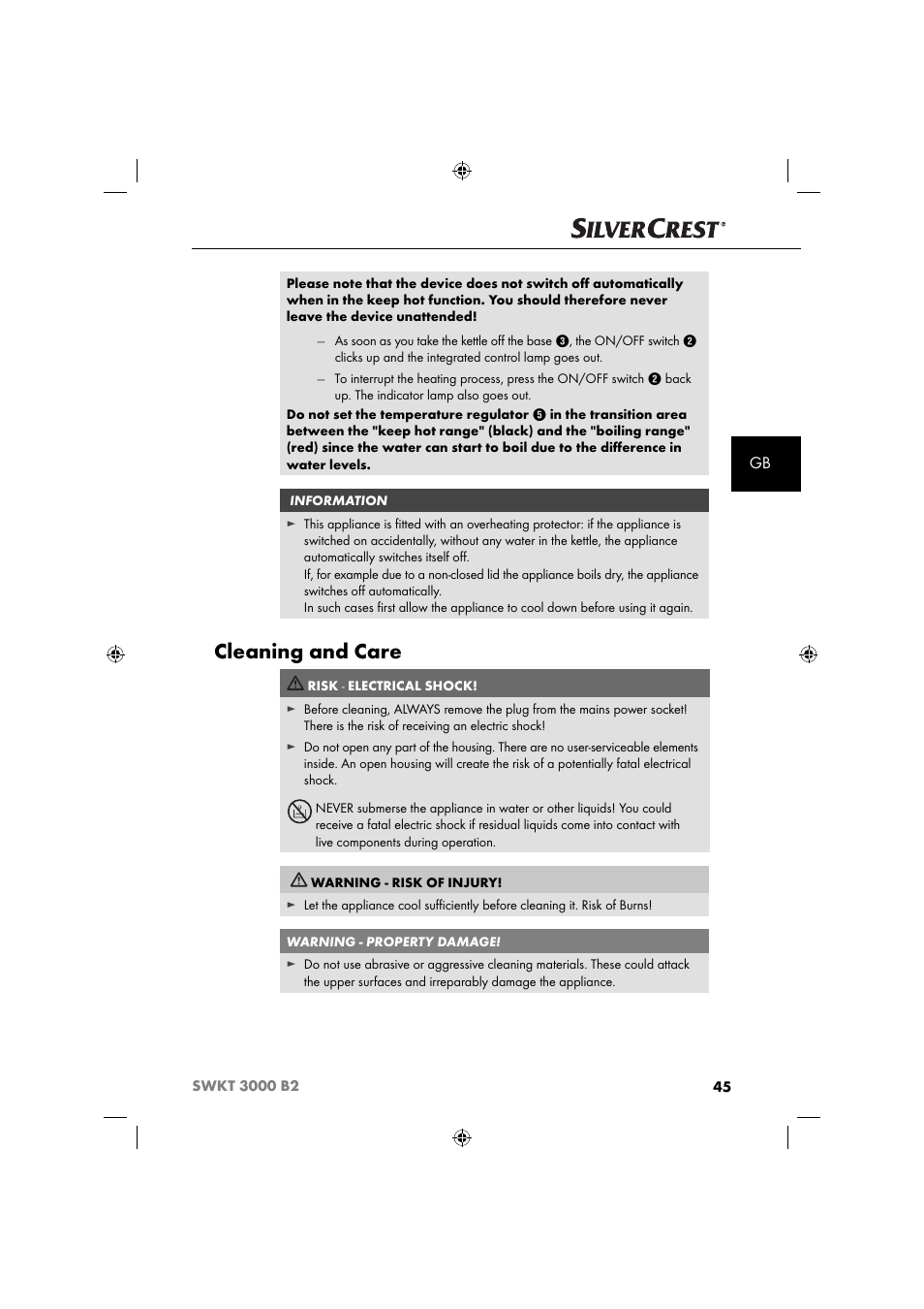Cleaning and care | Silvercrest SWKT 3000 B2 User Manual | Page 48 / 52