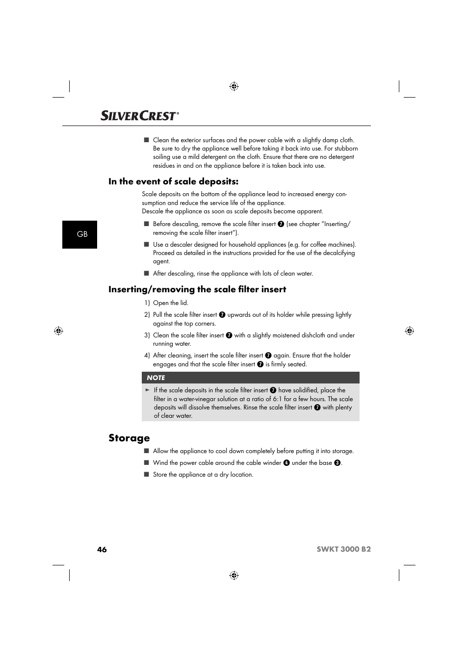 Storage, Inserting/removing the scale ﬁ lter insert | Silvercrest SWKT 3000 B2 User Manual | Page 49 / 52