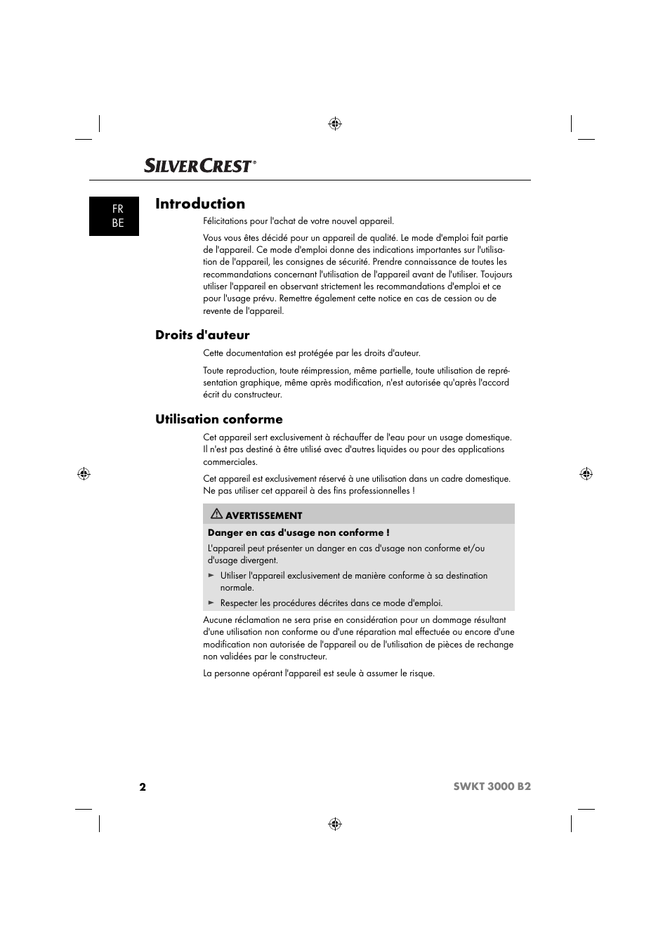 Introduction, Droits d'auteur, Utilisation conforme | Fr be | Silvercrest SWKT 3000 B2 User Manual | Page 5 / 52