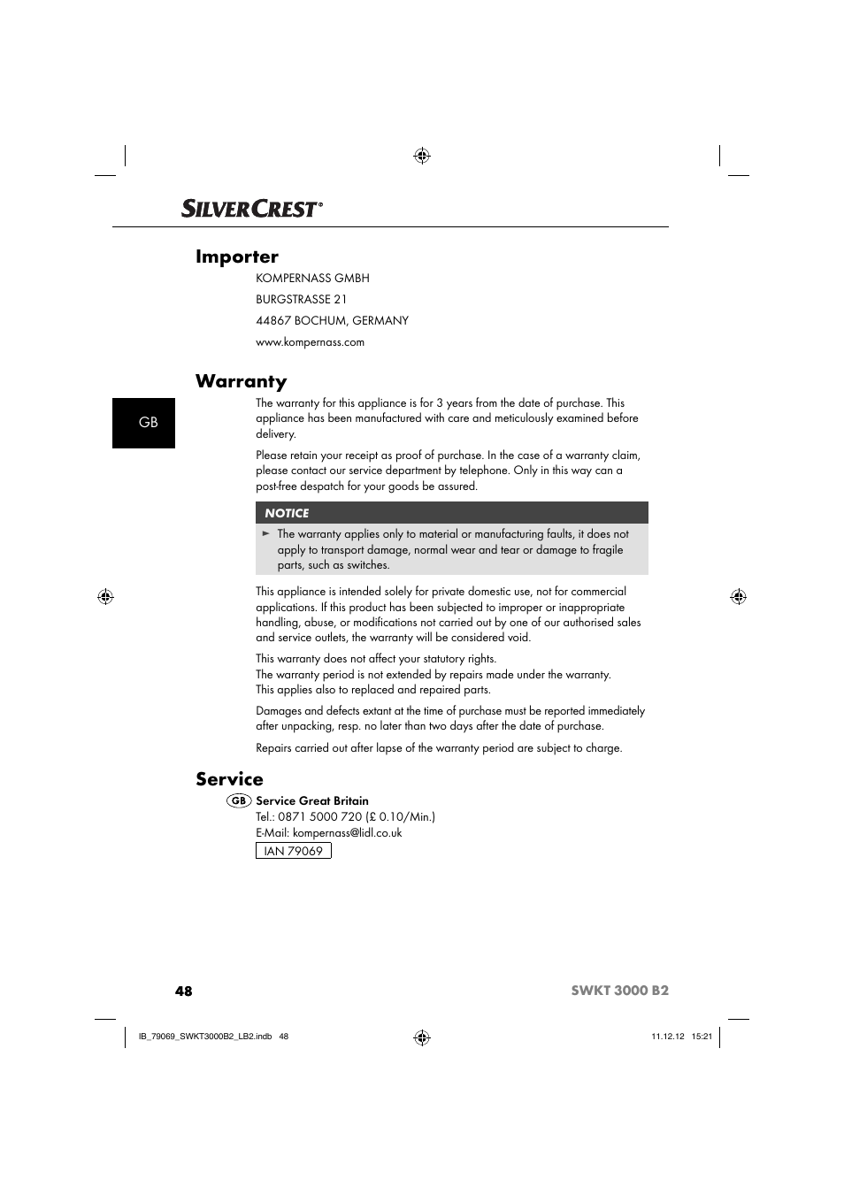 Importer, Warranty, Service | Silvercrest SWKT 3000 B2 User Manual | Page 51 / 52