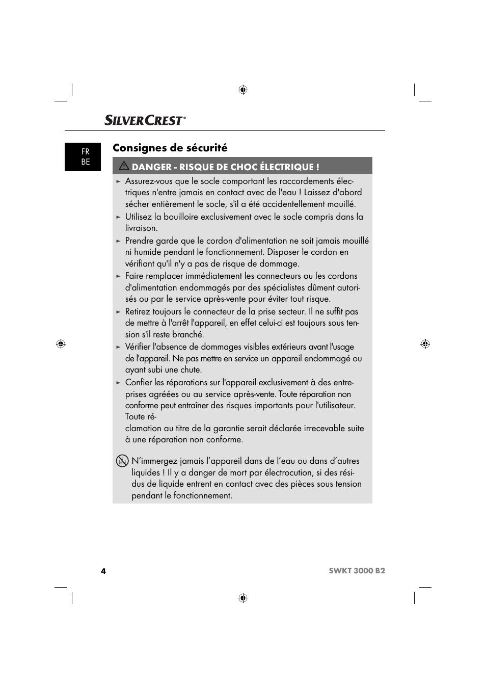 Consignes de sécurité, Danger - risque de choc électrique | Silvercrest SWKT 3000 B2 User Manual | Page 7 / 52