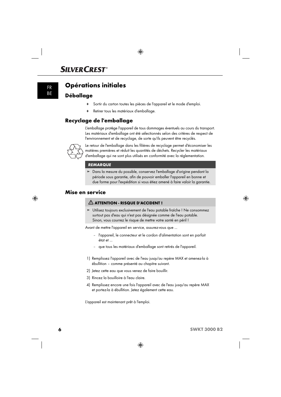 Opérations initiales, Déballage, Recyclage de l'emballage | Mise en service, Fr be | Silvercrest SWKT 3000 B2 User Manual | Page 9 / 52