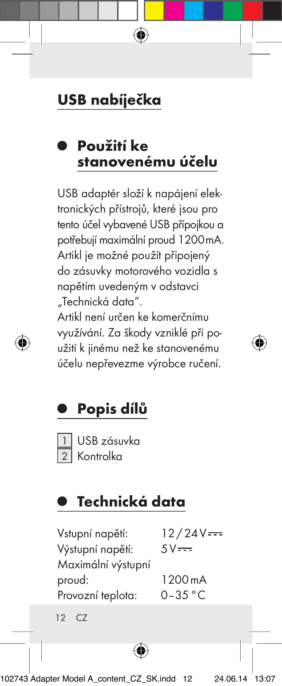 Usb nabíječka, Použití ke stanovenému účelu, Popis dílů | Technická data | Silvercrest Z31306A, Z31306A-W User Manual | Page 12 / 33