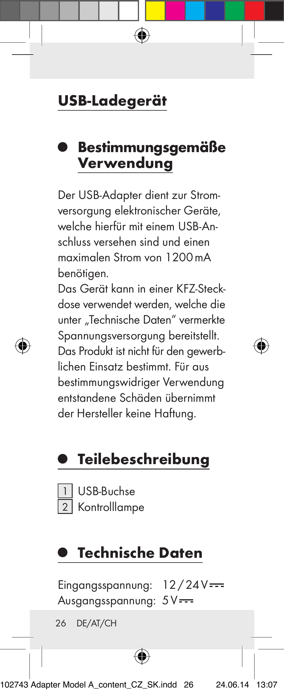 Usb-ladegerät, Bestimmungsgemäße verwendung, Teilebeschreibung | Technische daten | Silvercrest Z31306A, Z31306A-W User Manual | Page 26 / 33