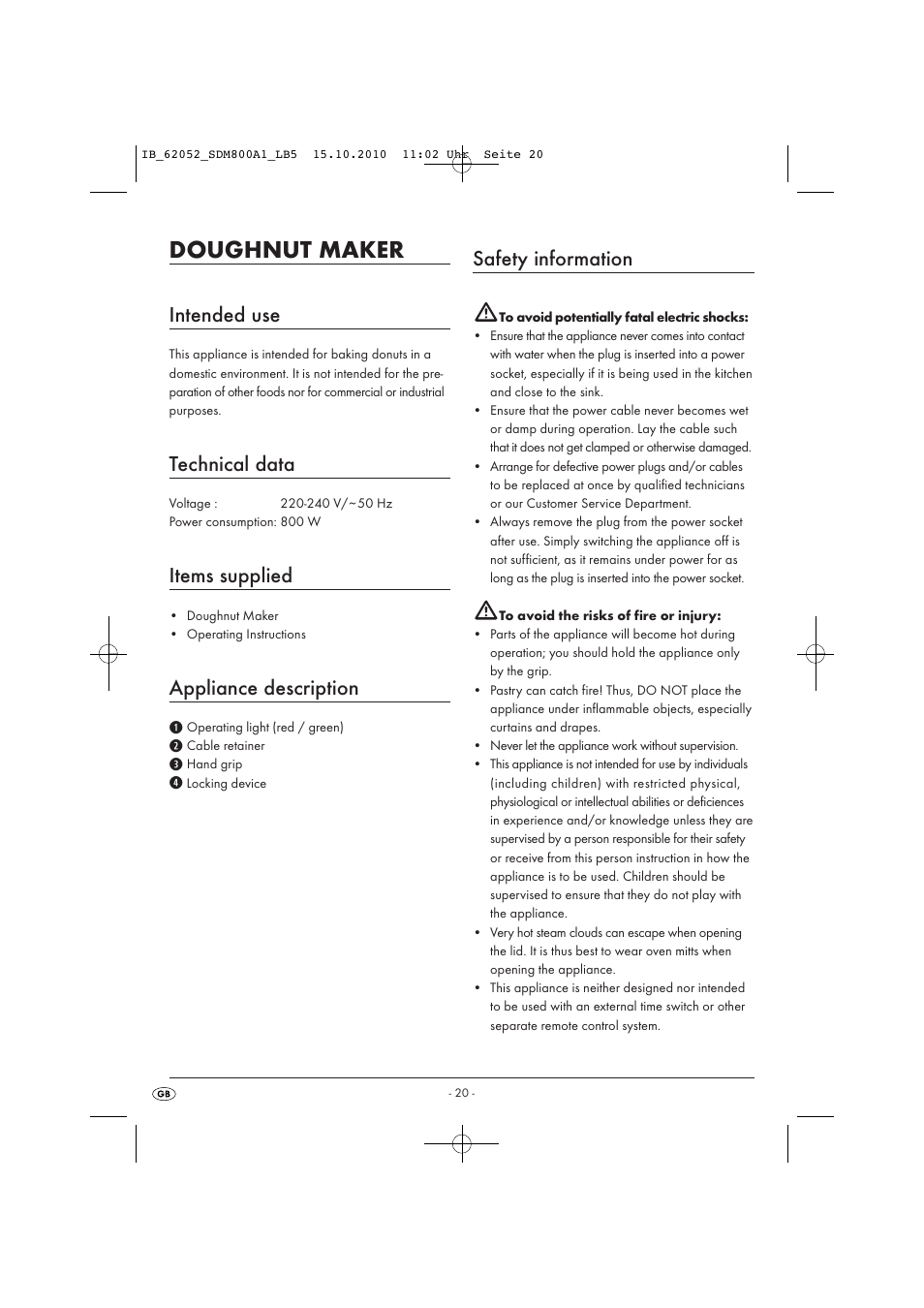 Doughnut maker, Intended use, Technical data | Items supplied, Appliance description, Safety information | Silvercrest SDM 800 A1 User Manual | Page 22 / 32