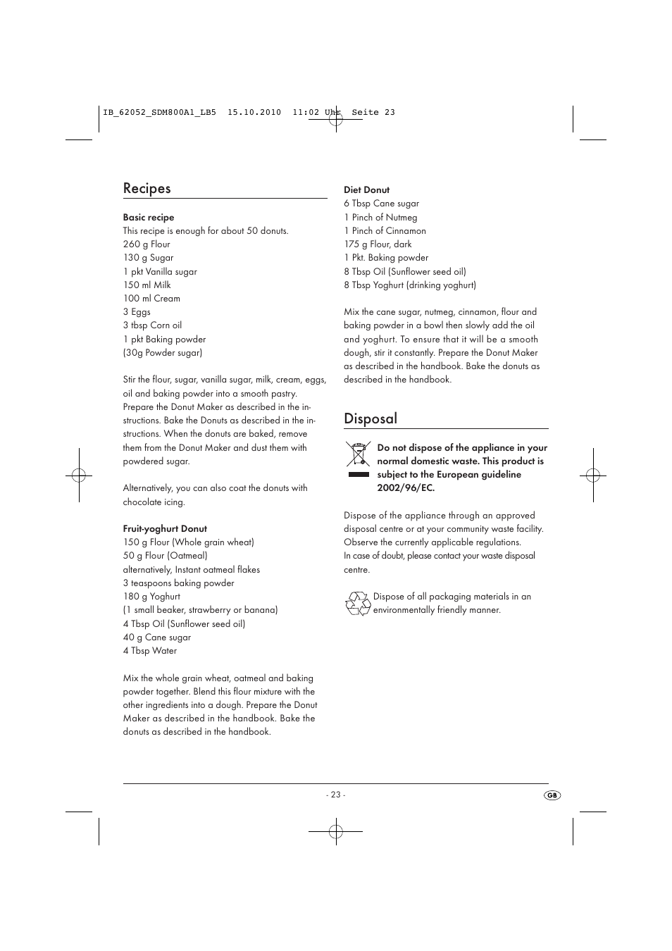 Recipes, Disposal | Silvercrest SDM 800 A1 User Manual | Page 25 / 32