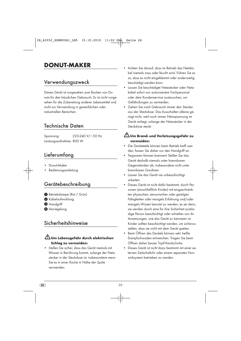 Donut-maker, Verwendungszweck, Technische daten | Lieferumfang, Gerätebeschreibung, Sicherheitshinweise | Silvercrest SDM 800 A1 User Manual | Page 28 / 32