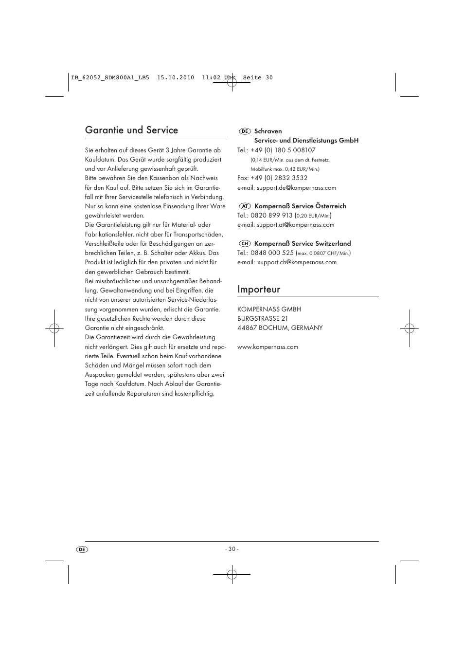 Garantie und service, Importeur | Silvercrest SDM 800 A1 User Manual | Page 32 / 32