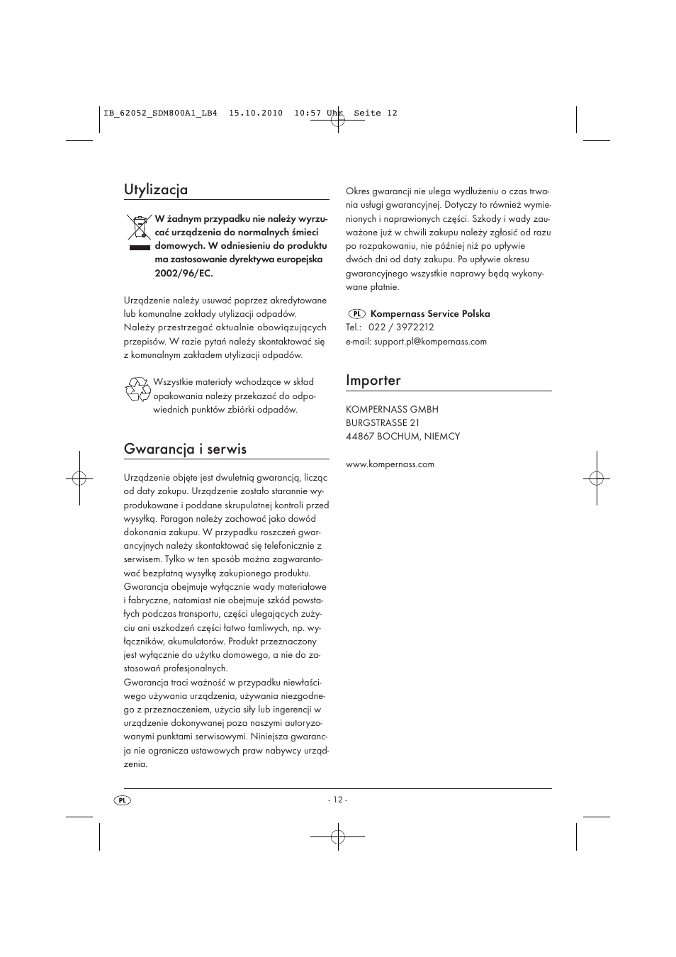 Utylizacja, Gwarancja i serwis, Importer | Silvercrest SDM 800 A1 User Manual | Page 14 / 44