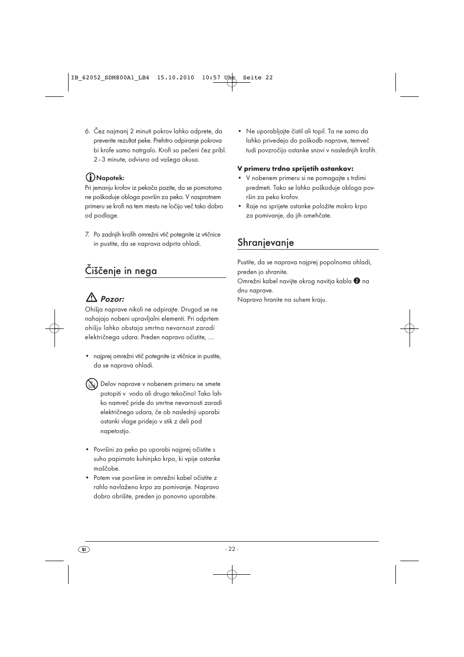 Čiščenje in nega, Shranjevanje, Pozor | Silvercrest SDM 800 A1 User Manual | Page 24 / 44