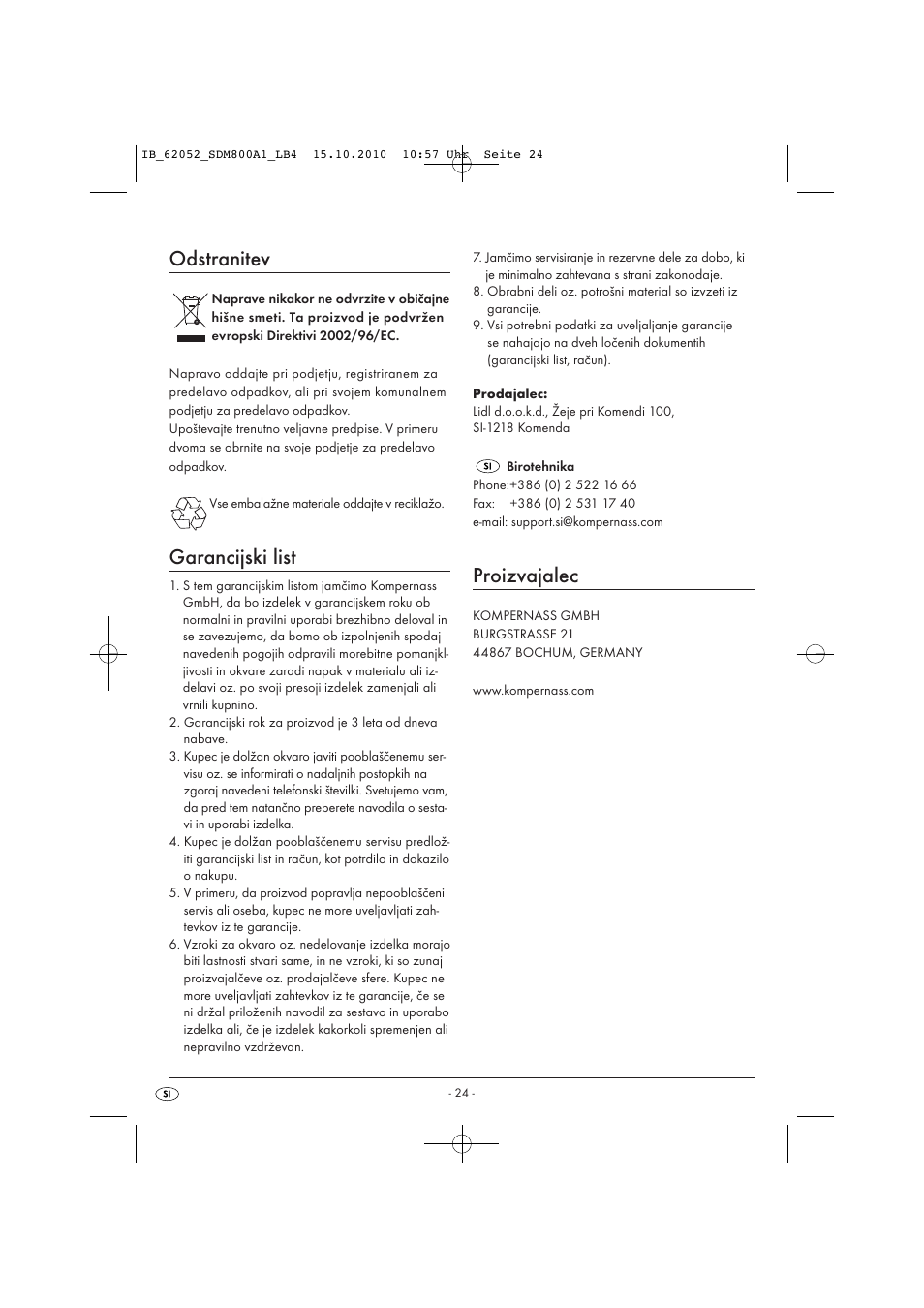 Odstranitev, Garancijski list, Proizvajalec | Silvercrest SDM 800 A1 User Manual | Page 26 / 44