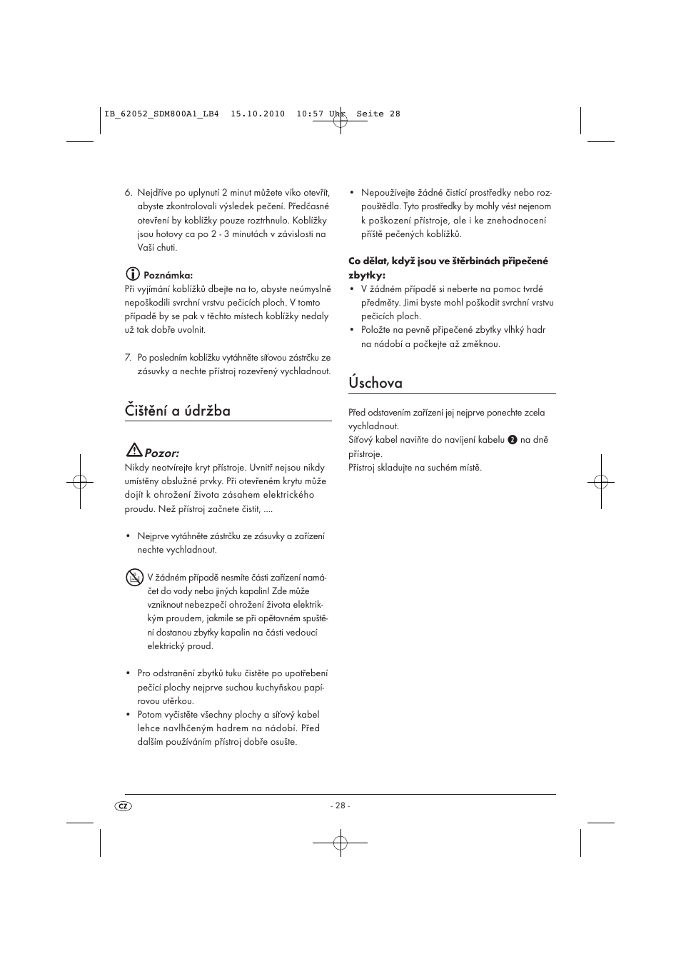 Čištění a údržba, Úschova, Pozor | Silvercrest SDM 800 A1 User Manual | Page 30 / 44