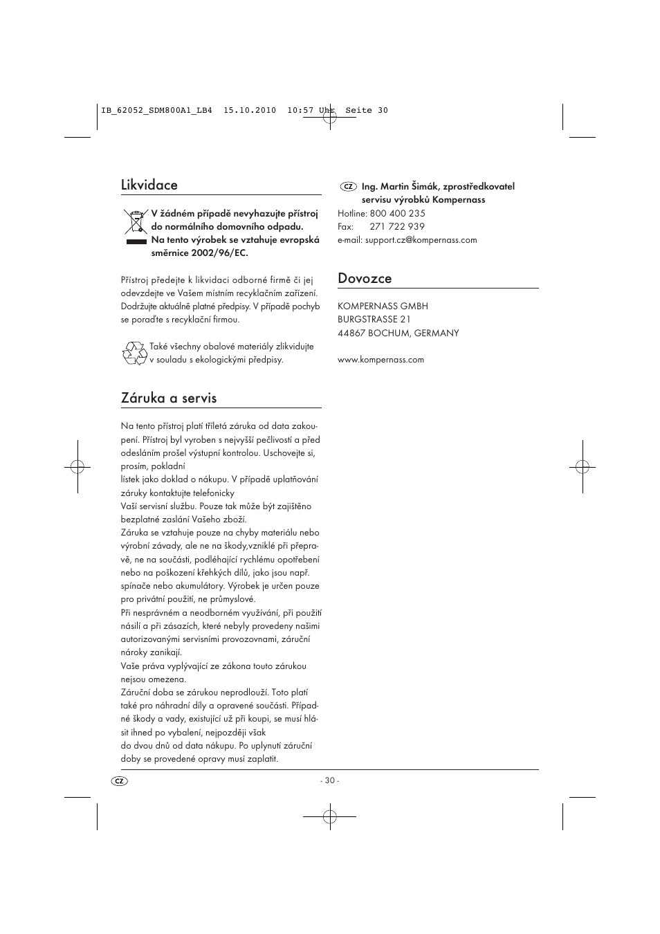 Likvidace, Záruka a servis, Dovozce | Silvercrest SDM 800 A1 User Manual | Page 32 / 44