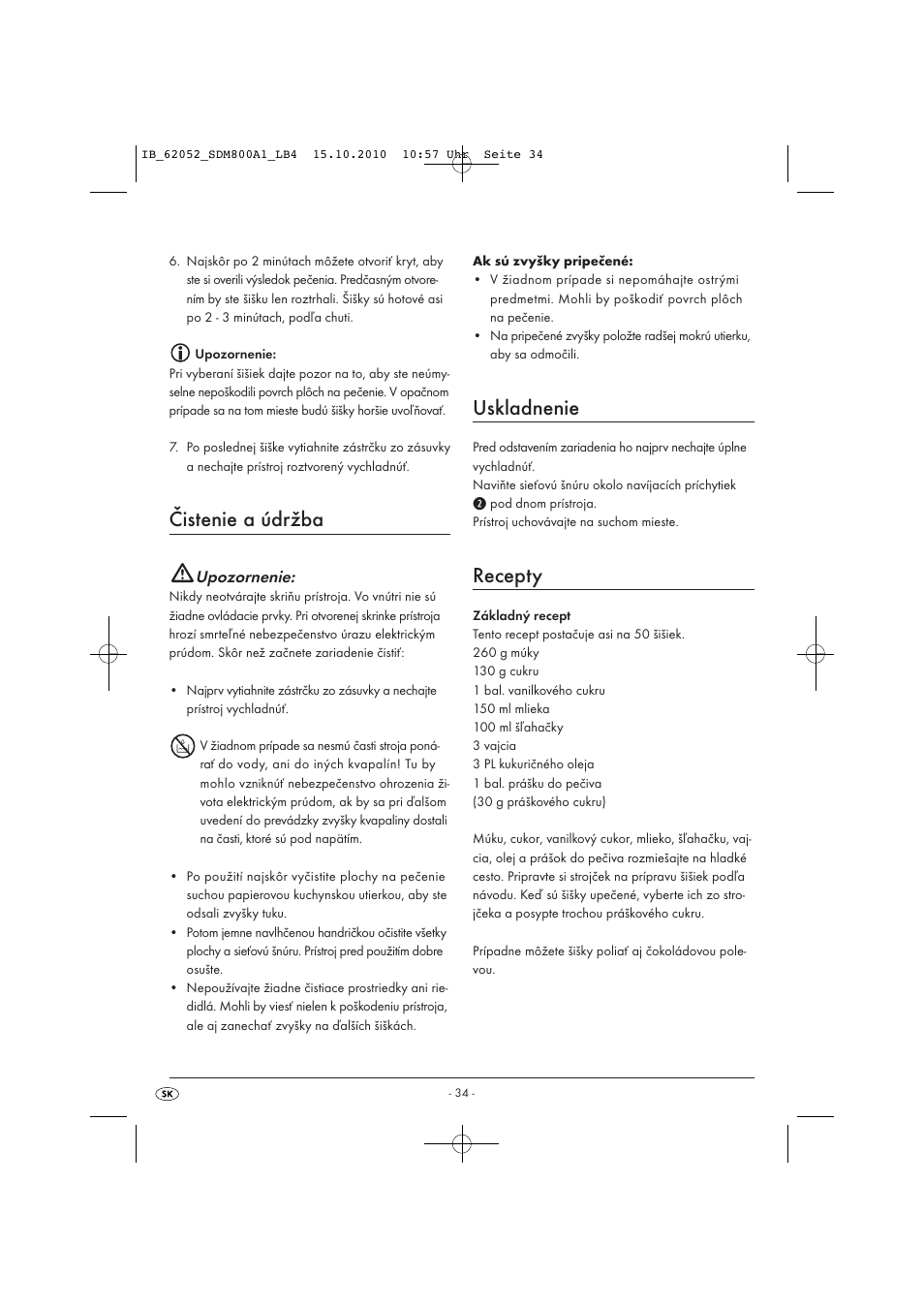 Čistenie a údržba, Uskladnenie, Recepty | Upozornenie | Silvercrest SDM 800 A1 User Manual | Page 36 / 44