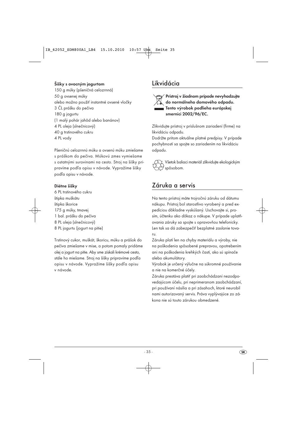 Likvidácia, Záruka a servis | Silvercrest SDM 800 A1 User Manual | Page 37 / 44