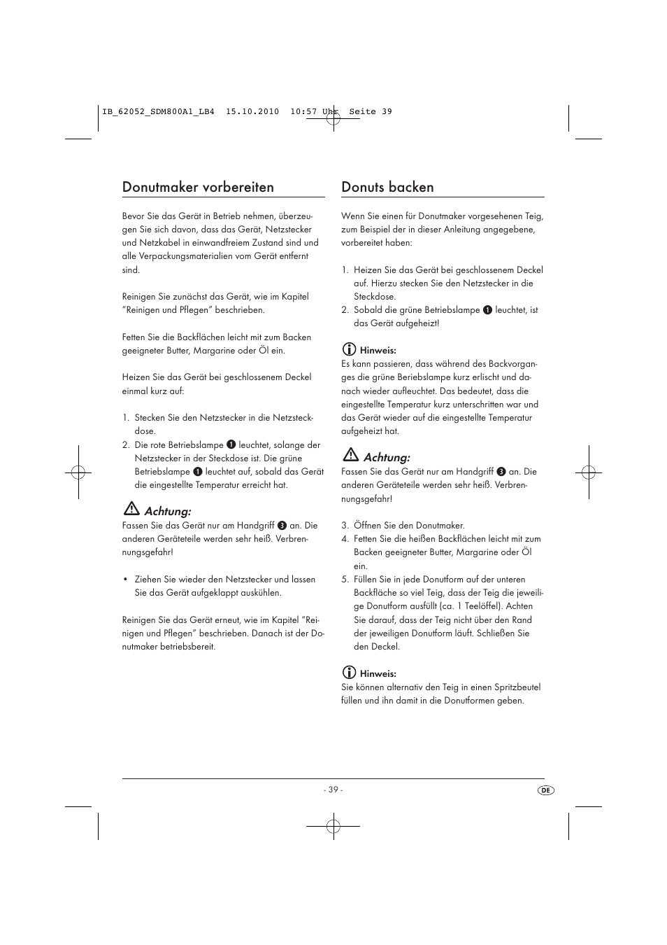 Donutmaker vorbereiten, Donuts backen, Achtung | Silvercrest SDM 800 A1 User Manual | Page 41 / 44