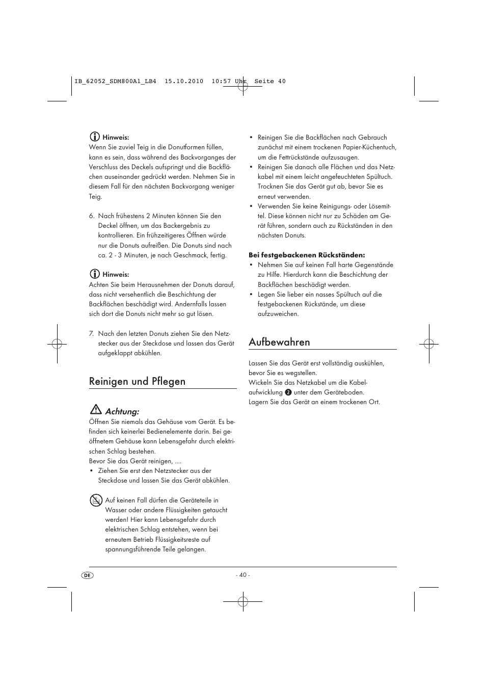 Reinigen und pflegen, Aufbewahren, Achtung | Silvercrest SDM 800 A1 User Manual | Page 42 / 44